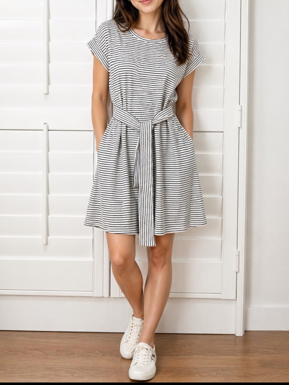 J.Crew Factory Striped Tie Waist T-Shirt Dress Size XL White Navy Cotton Casual